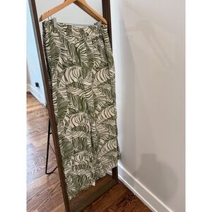 Marled Wide Leg Pants Women XL Green White Tropical Leaf Print Elastic Waist